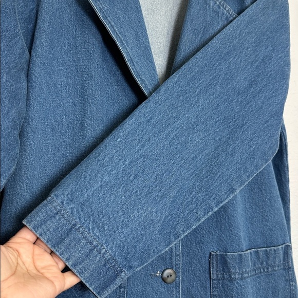 Oversized Blue Denim Blazer Jacket Women’s Small Padded Shoulders Vintage 90s - Picture 10 of 11